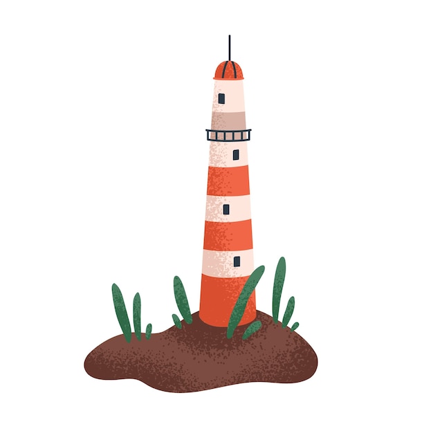 Farol, alta torre listrada na costa do mar. casa de luz para crianças na ilha. construção de farol para impressão de camiseta infantil. ilustração em vetor plano para crianças de berçário isolada no fundo branco