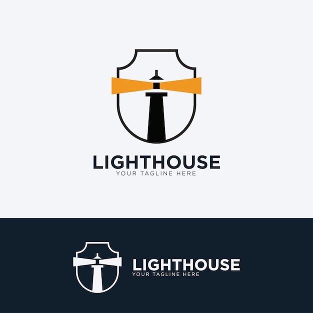 Farol com fundo de escudo e design de logotipo de luz laranja