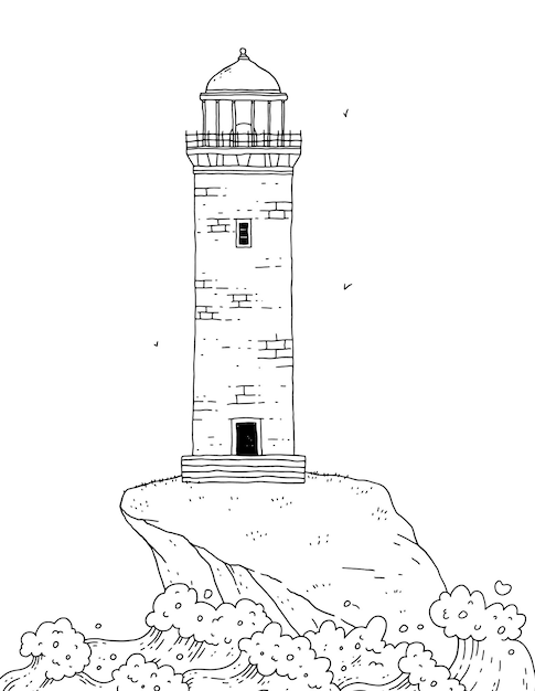 Vetor farol na ilha entre as ondas do mar tempestuoso. seascape com holofote de torre de sinal e água para design de banner. ilustração em vetor preto linha branca doodle.