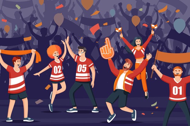 fãs de futebol fundo apoiadores de desenhos animados personagens de grupo se alegram com a vitória de sua equipe futebol esporte campeonato nacional competição esquadra personagens vetoriais fundo