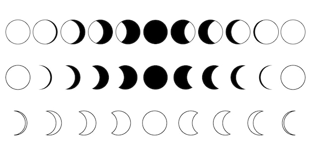 Fase da lua Etapas da lua cheia Ciclo lunar conjunto de ícones pretos Ilustração vetorial EPS 10