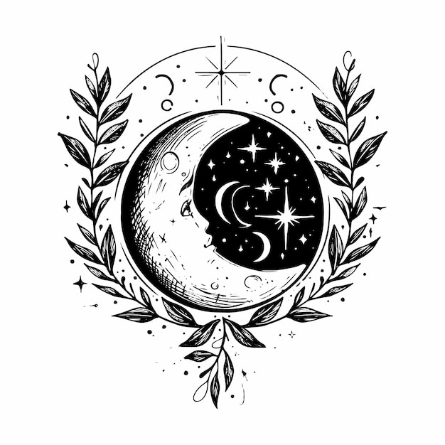 Fase da lua ilustração vetorial desenhada à mão isolada em fundo branco boho arte de linha clipart impressão de criança da lua com folhas estrelas da lua