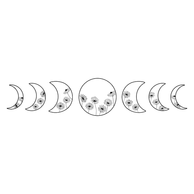 Fases da lua com flores silhueta boho chic fases boêmias silhueta e contorno celestial