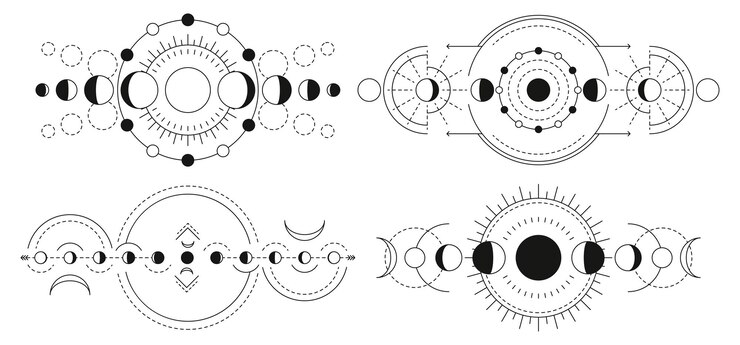 Vetor fases da lua geometria mágica lua cheia ícones crescentes e gibosos símbolos sagrados do universo bruxaria misticismo astrologia conjunto de vetores