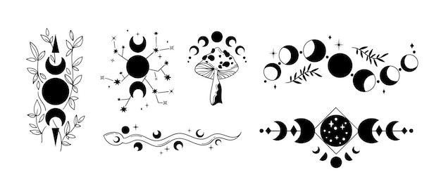 Fases de lua floral mística cliparts pacote de magia celestial vector de coleção de lua boho