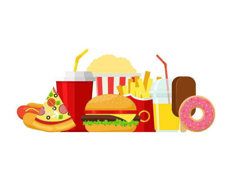 Vetor fast food colorido, jantar com hambúrguer e restaurante, muitas refeições saborosas e alimentos pouco saudáveis