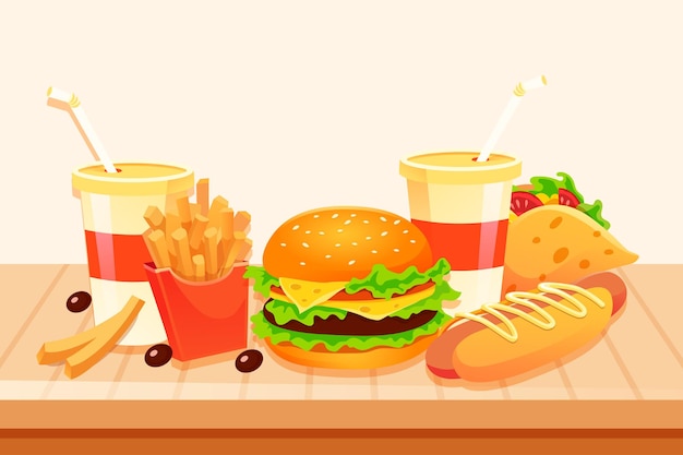 Fast-food com rosquinhas de batatas fritas de hambúrgueres e mais ilustração vetorial