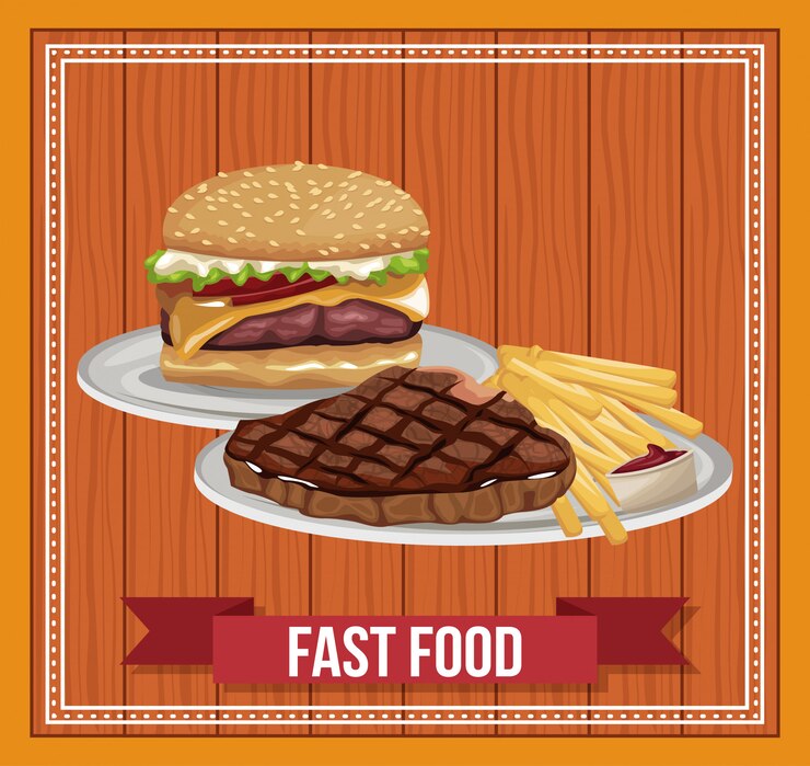 Vetor fast food combo com banner de fita sobre fundo de madeira