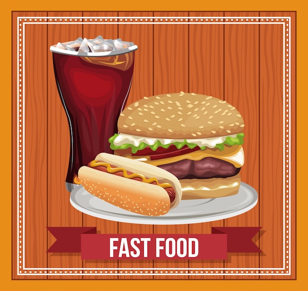 Fast food combo com banner de fita sobre fundo de madeira