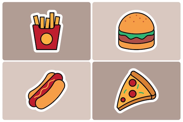 Fast Food Doodle Icon Sticker Set Burger Fries Pizza e Hot Dog (em inglês)