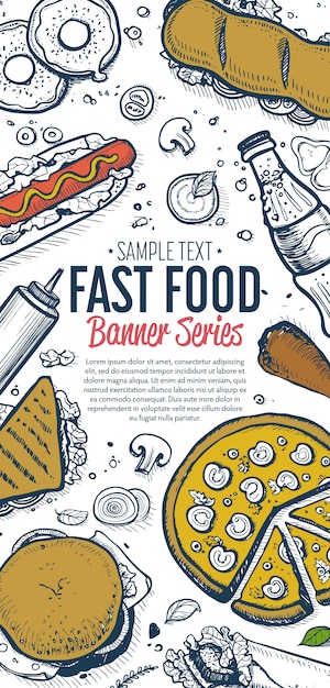 Fast-food doodles menu de banner vertical