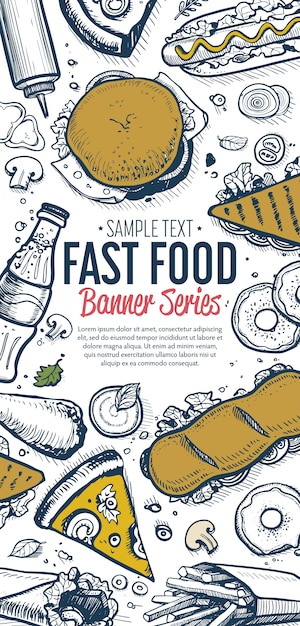 Fast-food doodles menu de banner vertical