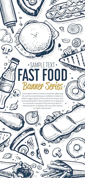 Fast-food doodles menu de banner vertical