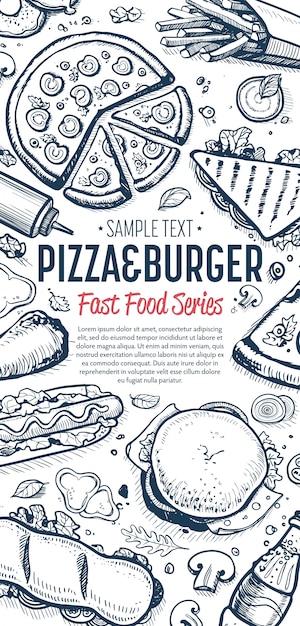 Fast-food doodles menu de banner vertical