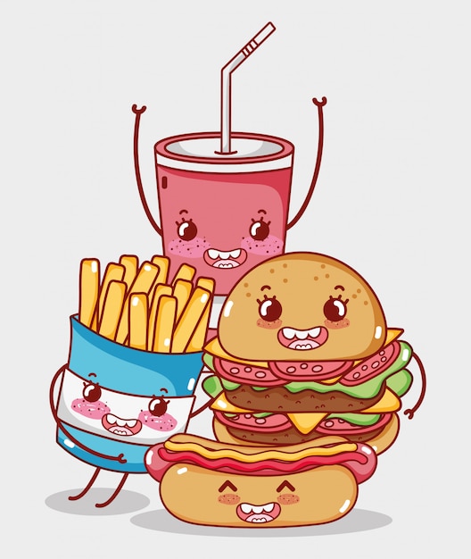 Vetor fast-food hambúrguer bonito cachorro-quente batatas fritas e copo de refrigerante dos desenhos animados