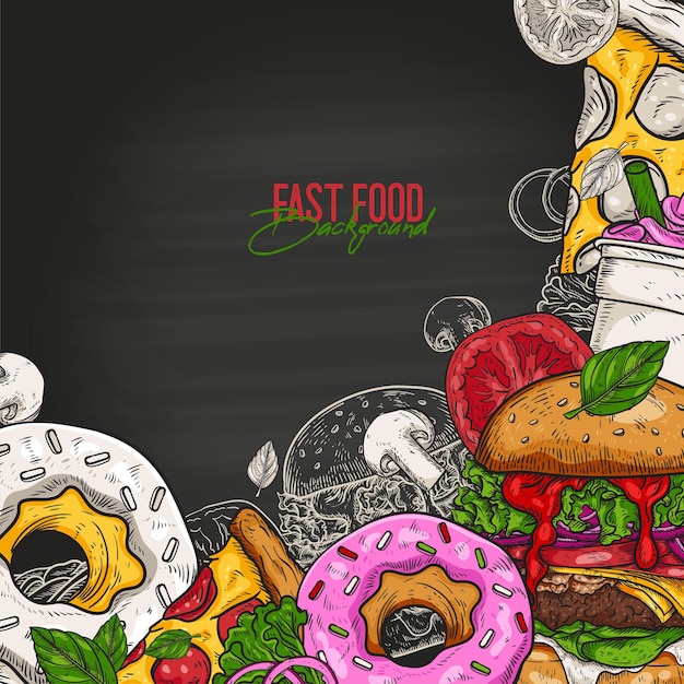 Fast food no quadro-negro tasty fast food concept vector design de fast food estilo vintage folheto de festa de hambúrguer