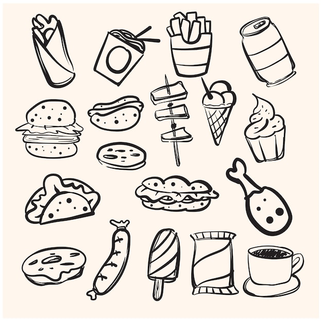 Vetor fast food sketch doodle ícone feito à mão vetor linha arte