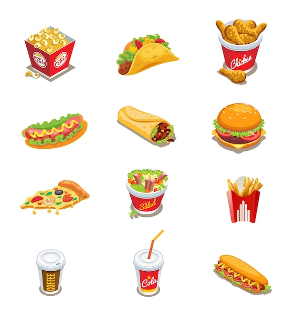 Fast Food Vector pizza hambúrguer café quente cachorros-quentes frango sharma salada tailandesa