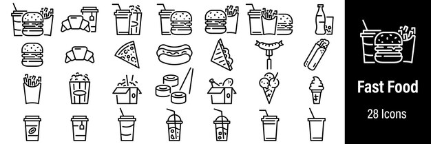 Vetor fast food web icons burger pizza sandwich popcorn soda gelado vector em ícones de estilo de linha