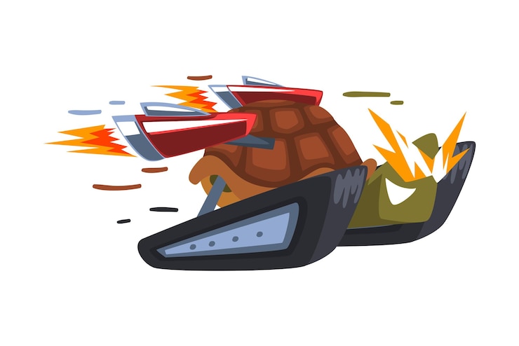 Vetor fast turtle cyborg animal cartoon character com turbo speed booster e ilustração de vector de fogo em fundo branco