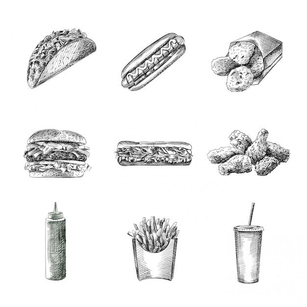 Vetor fastfood esboço desenhado de mão, ilustração