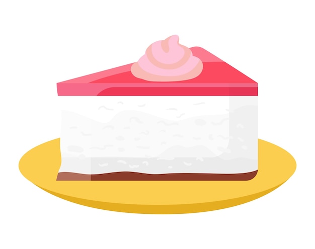 Fatia de bolo de morango em um prato com uma cobertura de creme ilustração vetorial do conceito de comida doce e confeitaria de sobremesa
