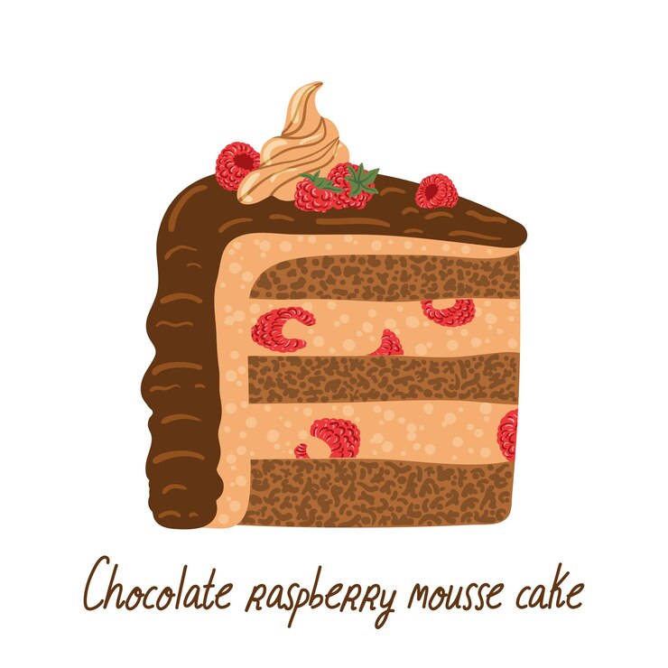 Vetor fatia de bolo de mousse de framboesa de chocolate vector ilustração plana dos desenhos animados isolada no branco