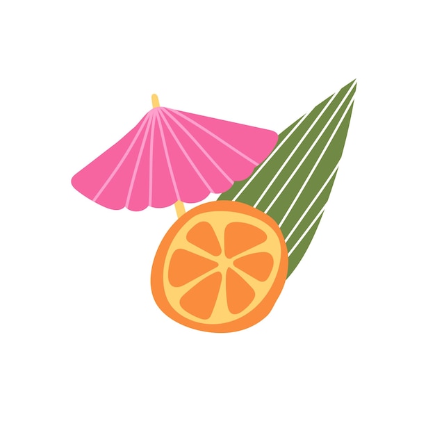 Fatia de frutas laranja e folhas e guarda-chuva para ilustração vetorial de coquetel