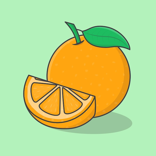 Fatia de ilustração vetorial dos desenhos animados de frutas frescas laranja e todo o contorno do ícone plano laranja suculento