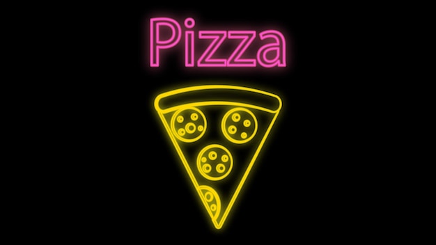 Vetor fatia de pizza em massa fina em uma ilustração vetorial de fundo preto sinal de néon amarelo neon com design de inscrição de restaurante de fast food e café