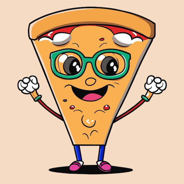 Vetor fatia de pizza fofa usando óculos com polegares para cima ilustração de ícone vetorial de desenho animado