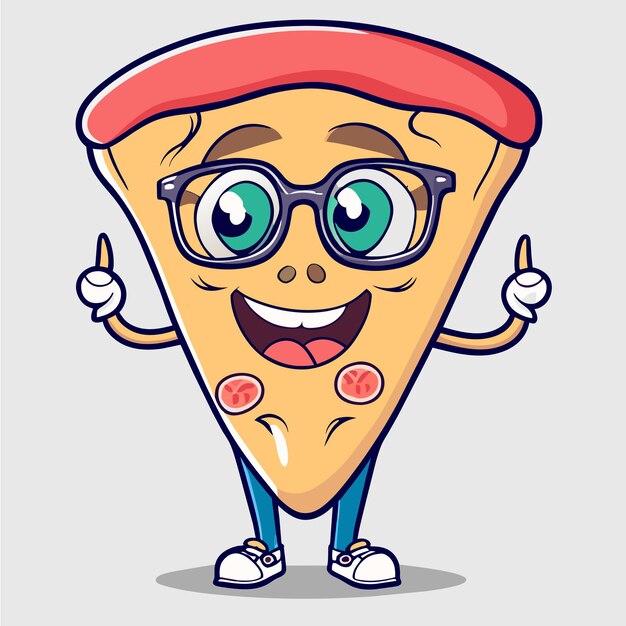 Vetor fatia de pizza fofa usando óculos com polegares para cima ilustração de ícone vetorial de desenho animado