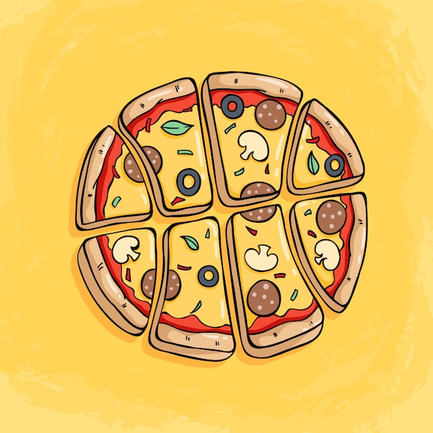 Fatia de pizza, formando uma bola de basquete com cobertura saborosa em amarelo