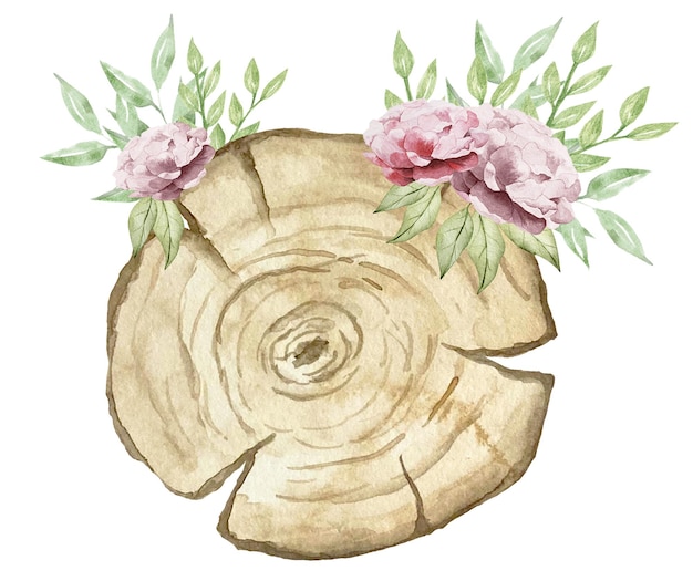 Fatia redonda de madeira em aquarela com flores