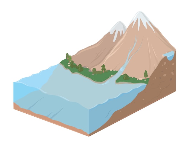 Fatia retangular da terra com ilustração da paisagem montanhosa e do oceano.