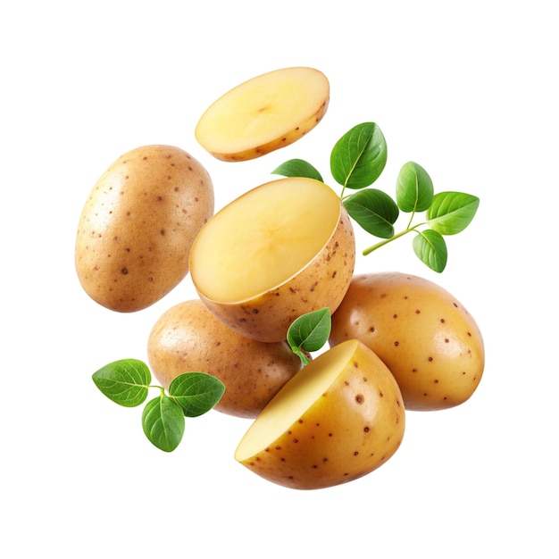 Fatias de batata com folhas voando isoladas