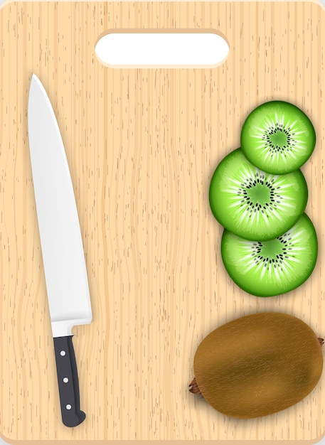 Fatias de kiwi e faca na tábua de cortar