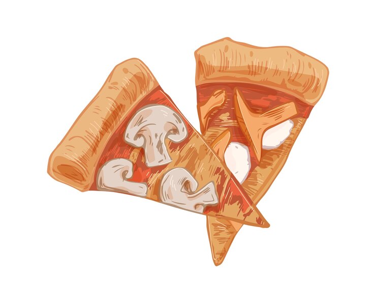 Fatias de pizza de cogumelos italianos com champignon, chanterelles e queijo mussarela. Corte pedaços triangulares ou segmentos com borda grossa. Ilustração em vetor realista desenhados à mão isolada no branco.