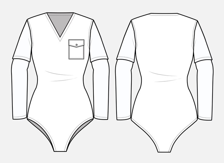 Vetor fato de banho de manga comprida com decote em v bolso com lapela desenho plano técnico modelo de vista frontal e traseira