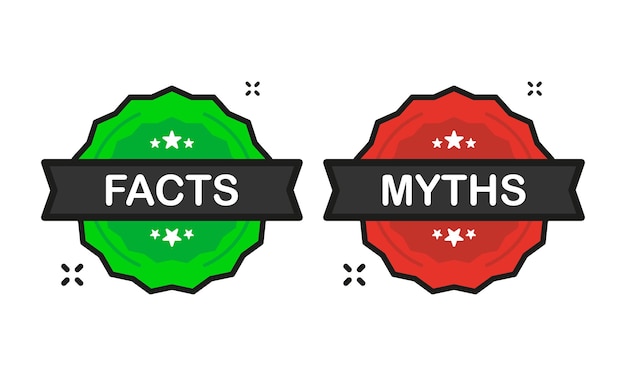 Fatos ou mitos distintivo ícone de carimbo verde e vermelho em estilo simples, sobre fundo branco. ilustração vetorial.