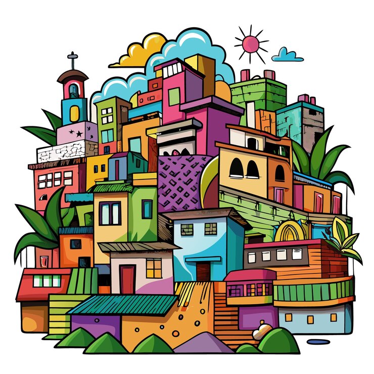 Vetor favela playful doodle ilustração vetorial de arte com cores ousadas e graffiti em fundo branco