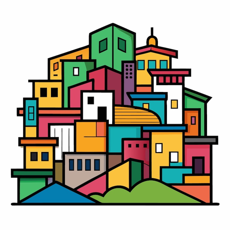 Vetor favela playful doodle ilustração vetorial de arte com cores ousadas e graffiti em fundo branco