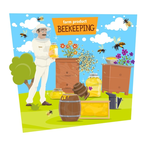 Vetor fazenda de apicultura e apicultor com mel