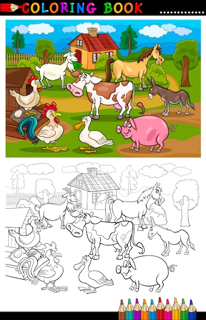 Fazenda de desenhos animados e animais de gado para colorir