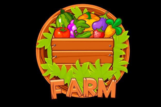 Vetor fazenda de logotipo de madeira com frutas e legumes em uma caixa para interface do usuário.