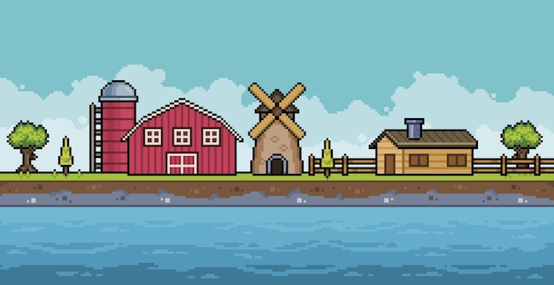 Fazenda de paisagem de pixel art na costa com fundo de jogo de 8 bits de casa, celeiro, silo e moinho