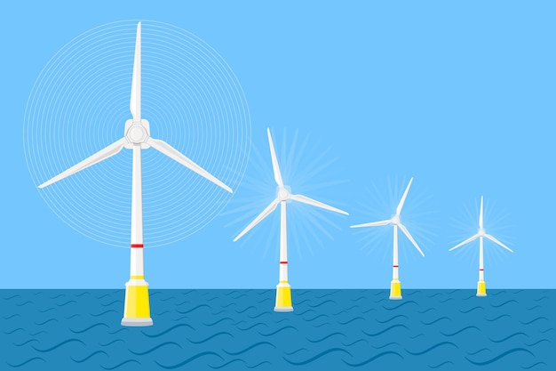 Fazenda de turbinas eólicas no mar Energia eólica e ilustração vetorial plana de recursos renováveis
