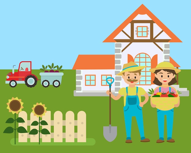 Fazenda dos desenhos animados, agricultores com produção ecológica de campo,