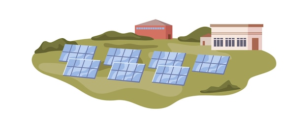 Vetor fazenda ecológica com usina de painéis solares