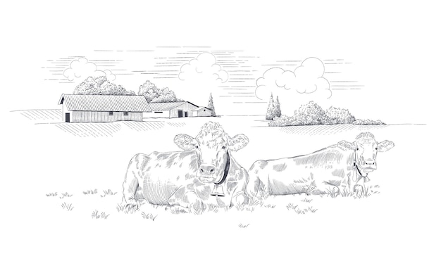 Fazenda leiteira paisagem rural com vacas em um prado ilustração vetorial desenhada à mão